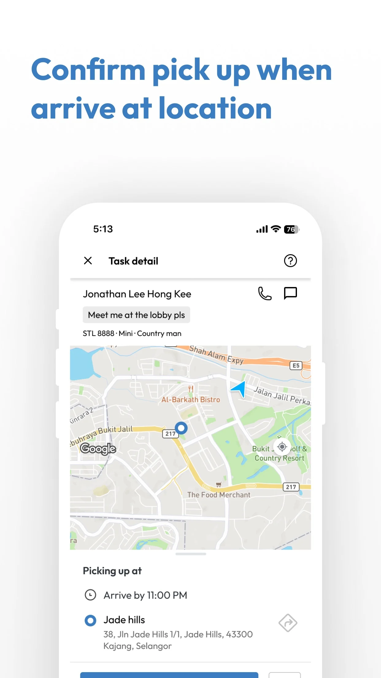 DDDrive 司机端应用——上车确认页，含客户备注、客户车辆、上车点地图、抵达时间，以及拨号与消息按钮。