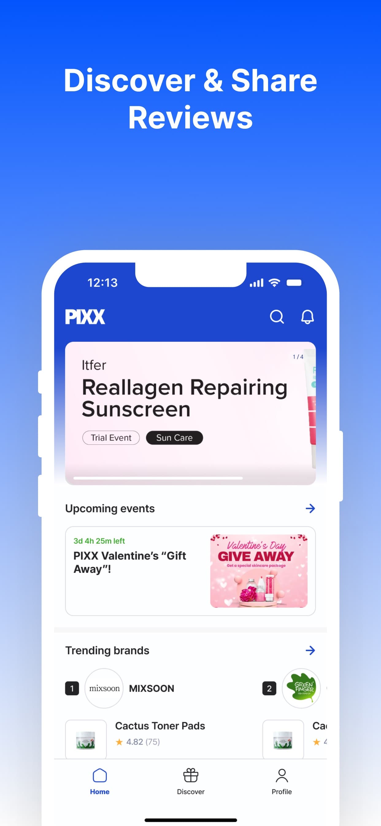 PIXX app home screen — featured skincare trial event, upcoming events, and trending Korean beauty brands.