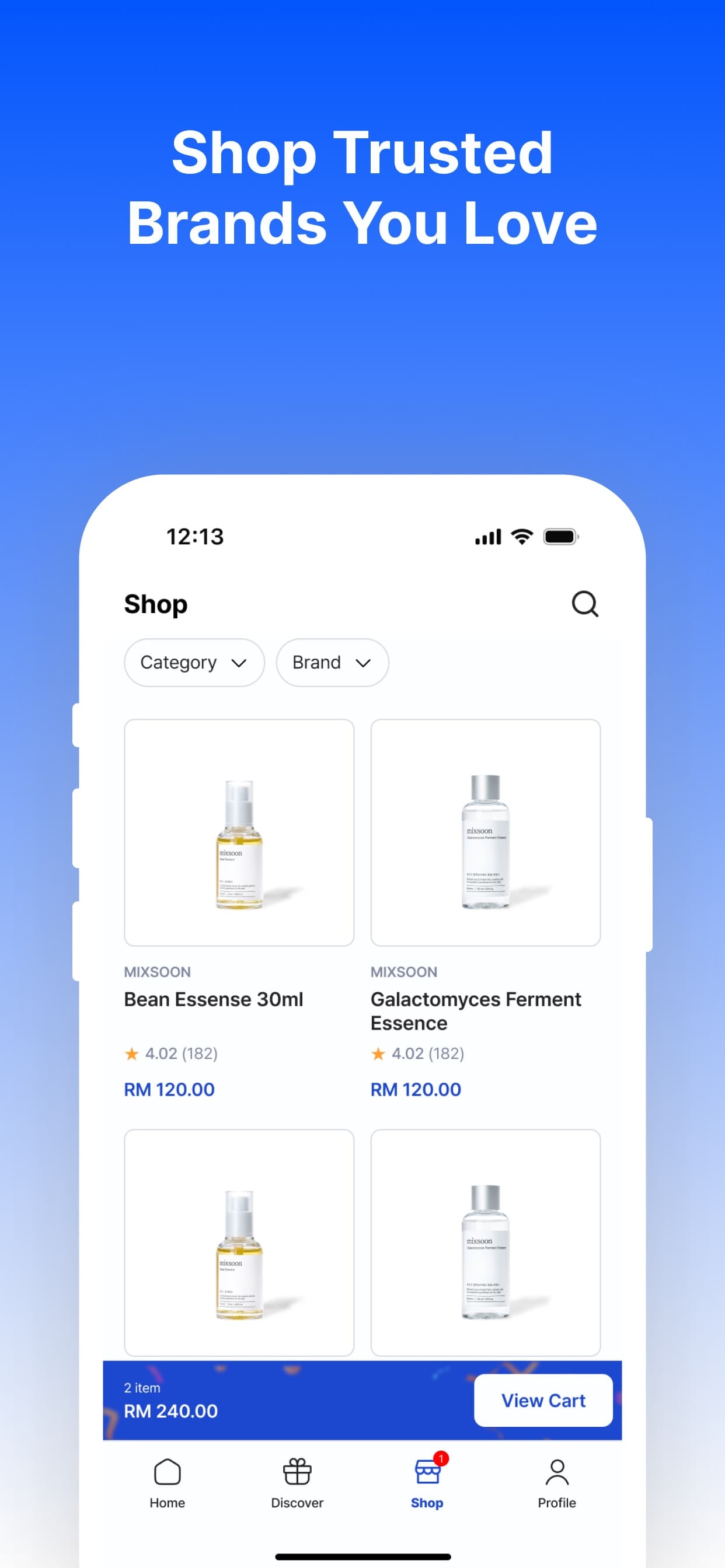 PIXX app shop screen — Korean beauty products filtered by category and brand, with cart and checkout.