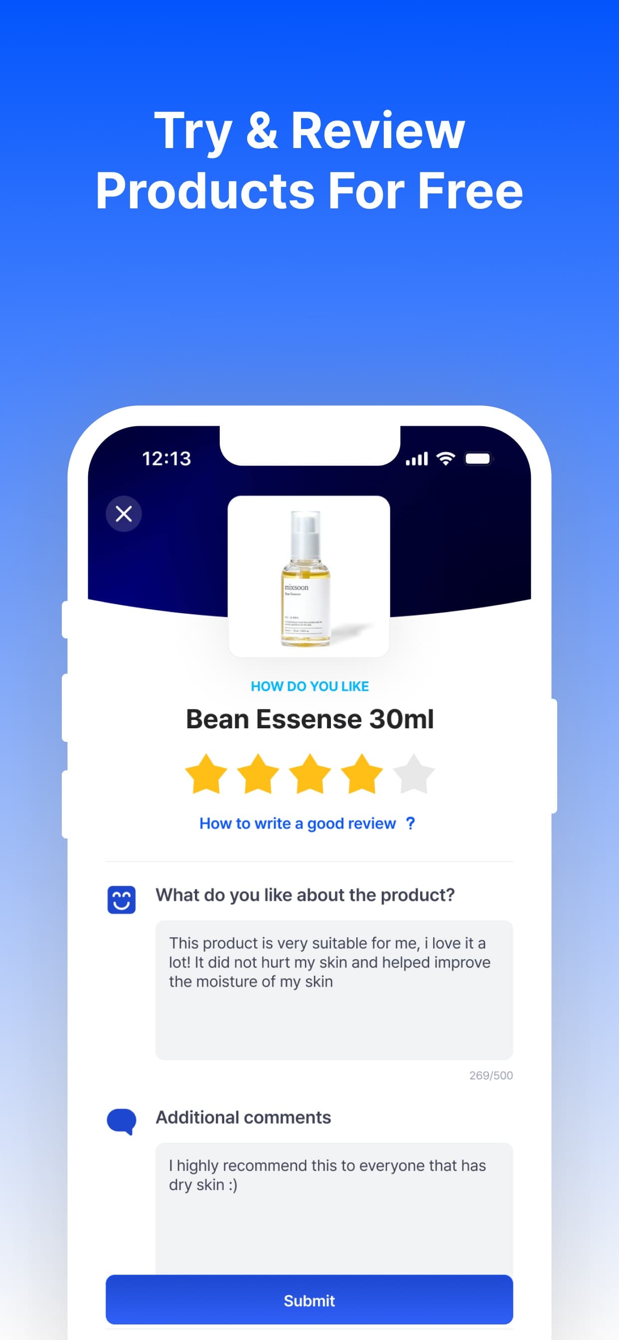 PIXX app review flow — star rating and written feedback on a product a shopper has tried.